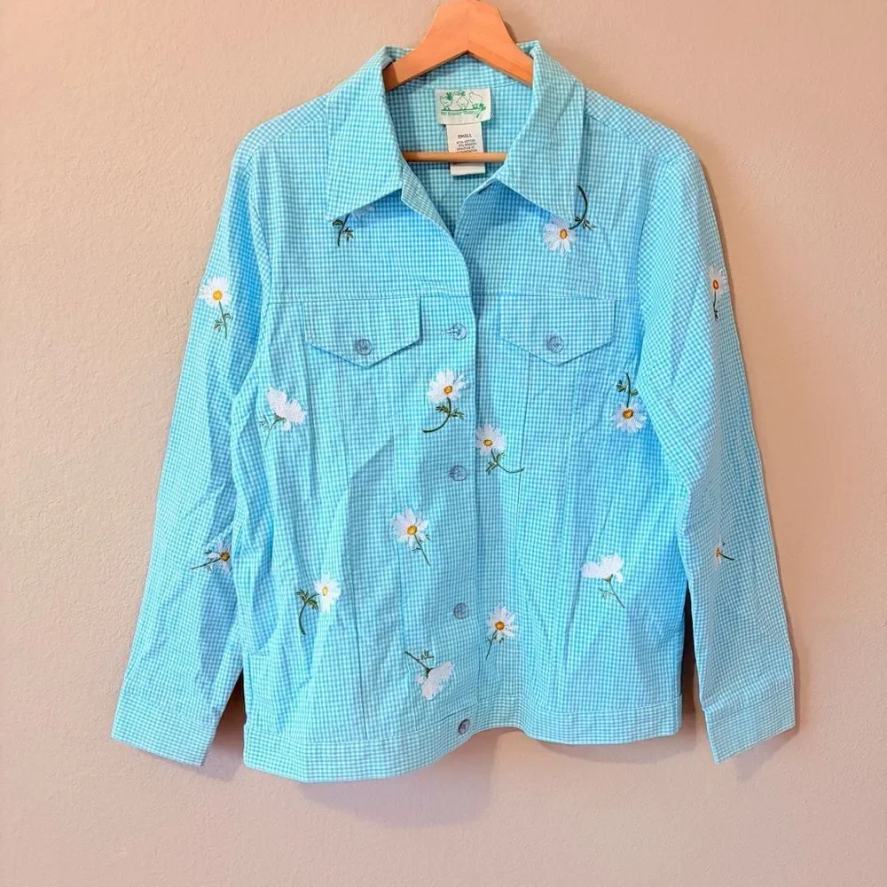 Quacker Factory Jacket Womens Small S Gingham Vintage Embroidered Floral Cotton - Picture 3 of 6